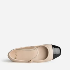 Babies écru cuir bout noir verni