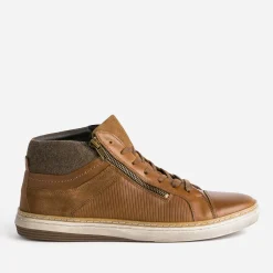 Basket cognac cuir empiècement textile