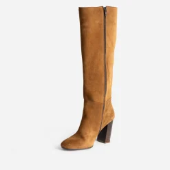 Botte à talon cognac en cuir velours