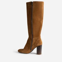 Botte à talon cognac en cuir velours