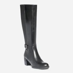 Botte à talon noire en cuir pour mollet large