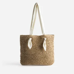 Cabas beige foncé paille papier anses-foulard