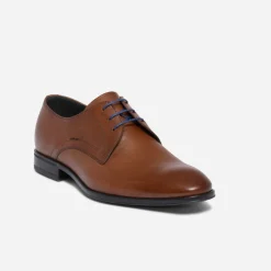 Derby cognac en cuir à lacet bleu