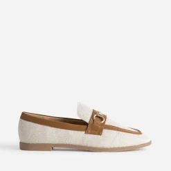 Mocassin bi-matière beige lin et cognac