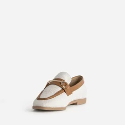 Mocassin bi-matière beige lin et cognac
