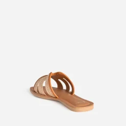 Mule beige effet raphia bords camel cuir