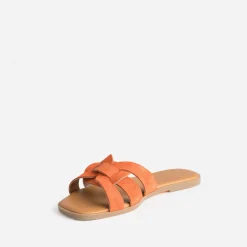 Mule orange cuir velours brides tressées