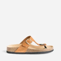 Mule-tong anatomique camel foncé en cuir velours éco-conçu