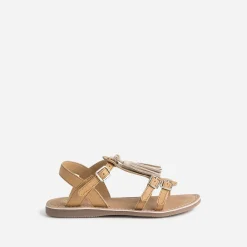 Sandale BUGGY camel en cuir avec pompons