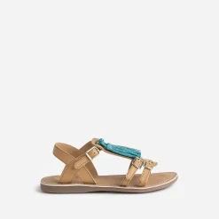 Sandale BUGGY camel en cuir avec pompons