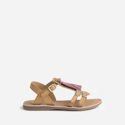 Sandale BUGGY camel en cuir avec pompons