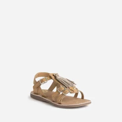 Sandale BUGGY camel en cuir avec pompons