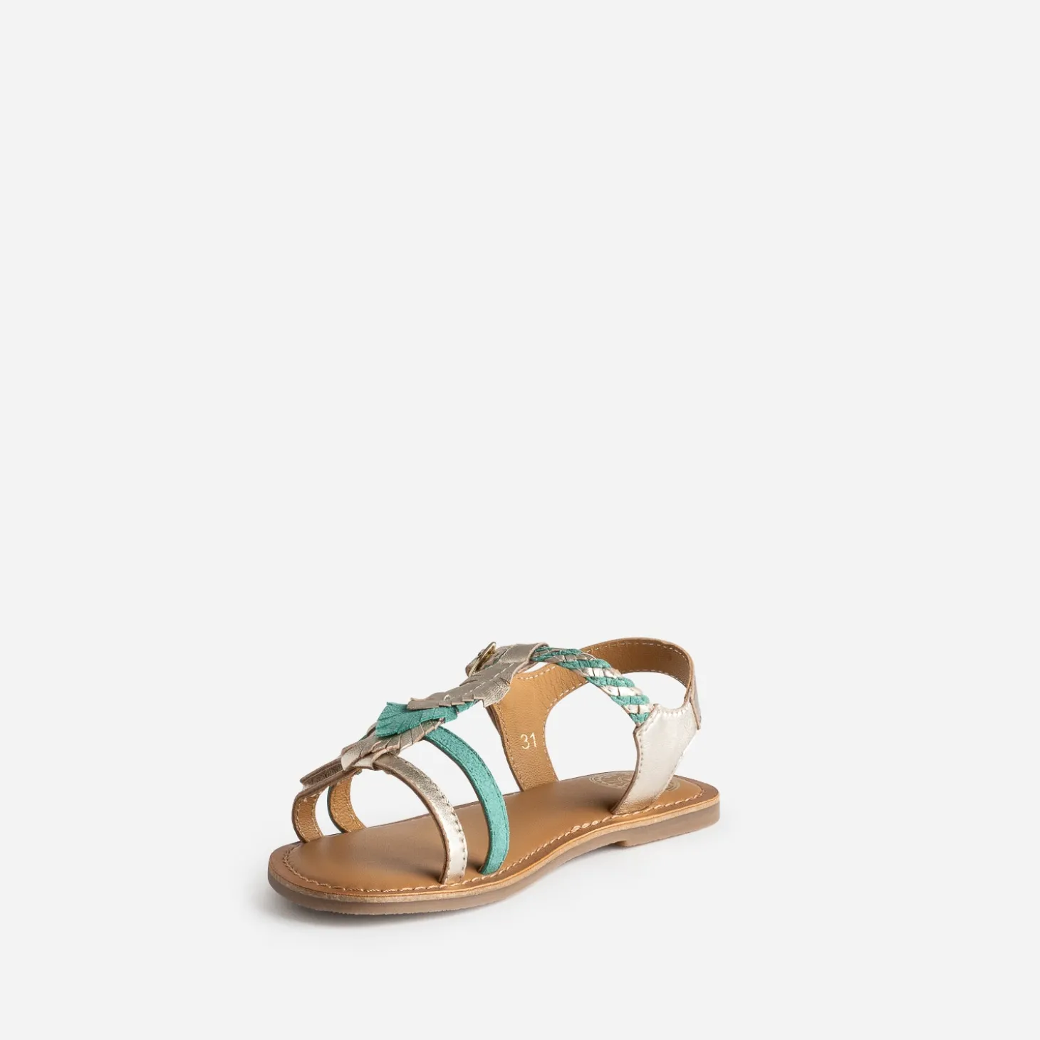 Sandale BUGGY cuir turquoise et dorée plumes