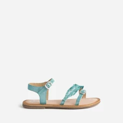 Sandale BUGGY turquoise en cuir velours avec plumes