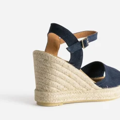 Sandale compensée marine en cuir velours éco-conçu