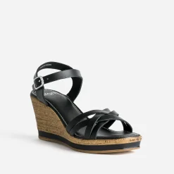 Sandale compensée noire en cuir