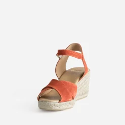 Sandale compensée orange cuir velours