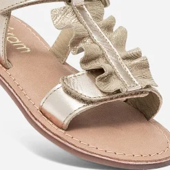 Sandale dorée en cuir à plastron volanté
