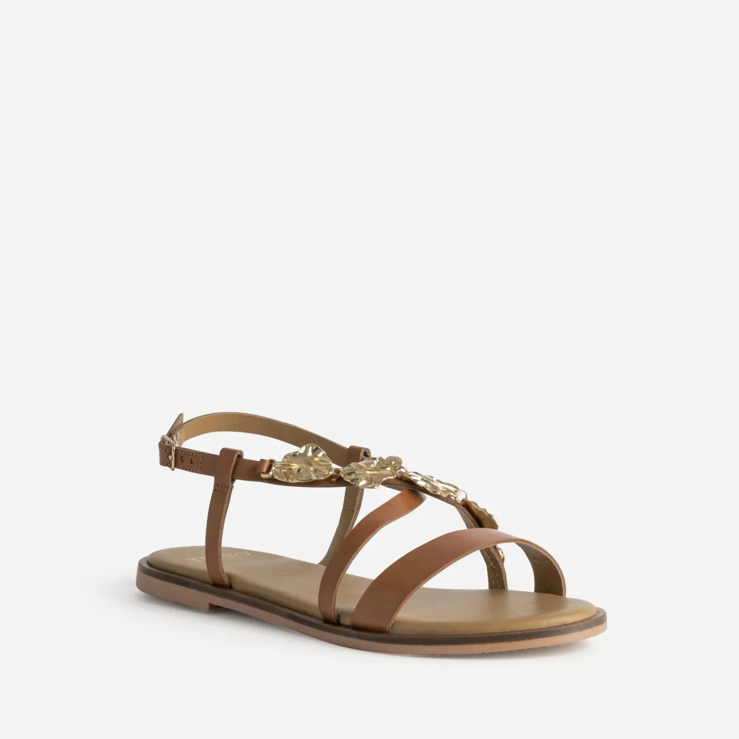 Sandale TEXTO camel cuir décor feuilles