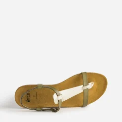 Sandale-tong anatomique kaki et doré en cuir